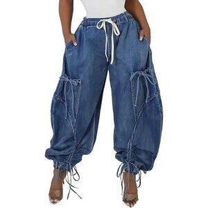 Women Baggy Cargo Jeans Denim Joggers High Waist Wide Leg Streetwear